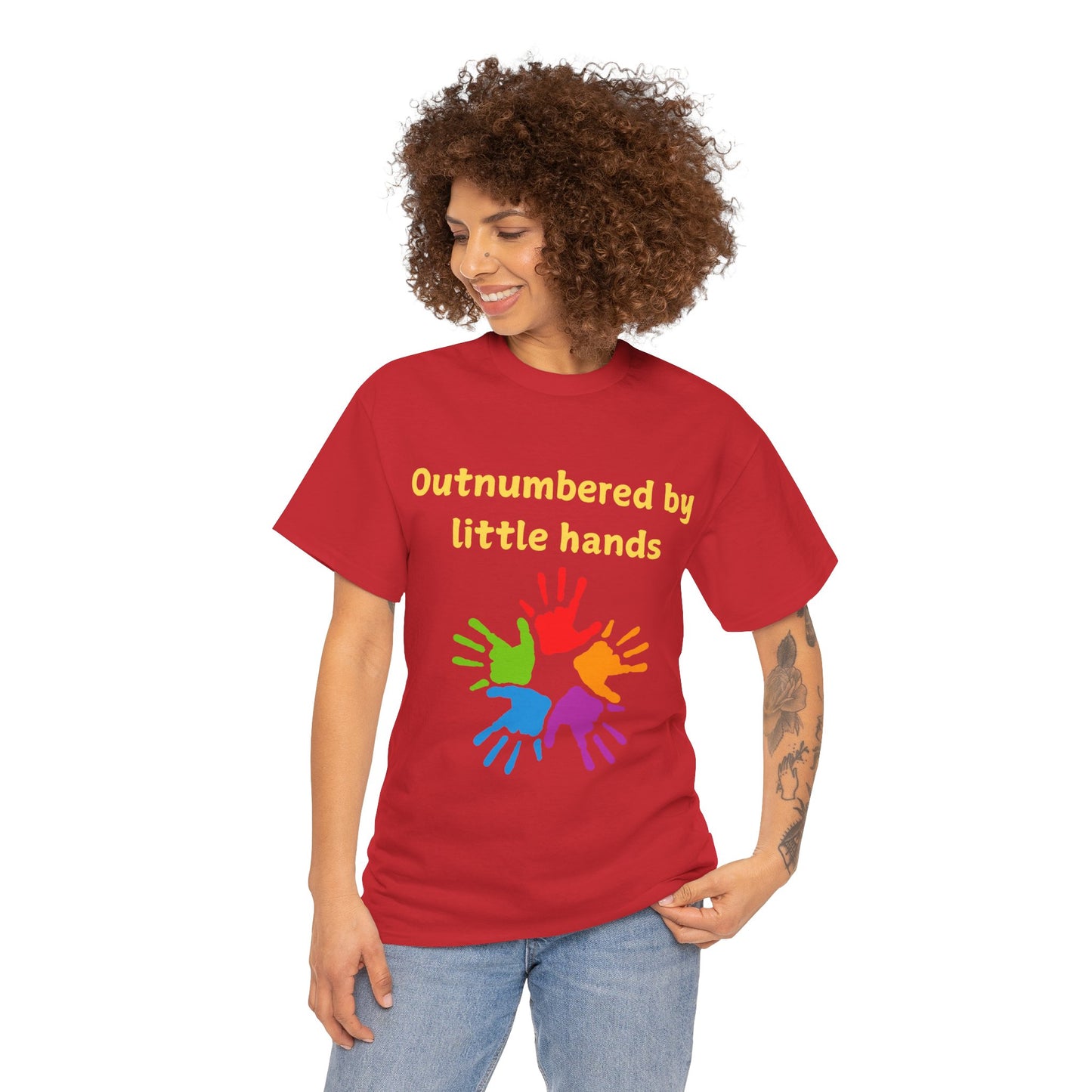 Outnumbered by Little Hands T-Shirt — Funny Parent Tee with Colorful Kids' Handprints