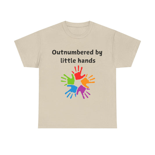 Outnumbered by Little Hands T-Shirt — Funny Parent Tee with Colorful Kids' Handprints