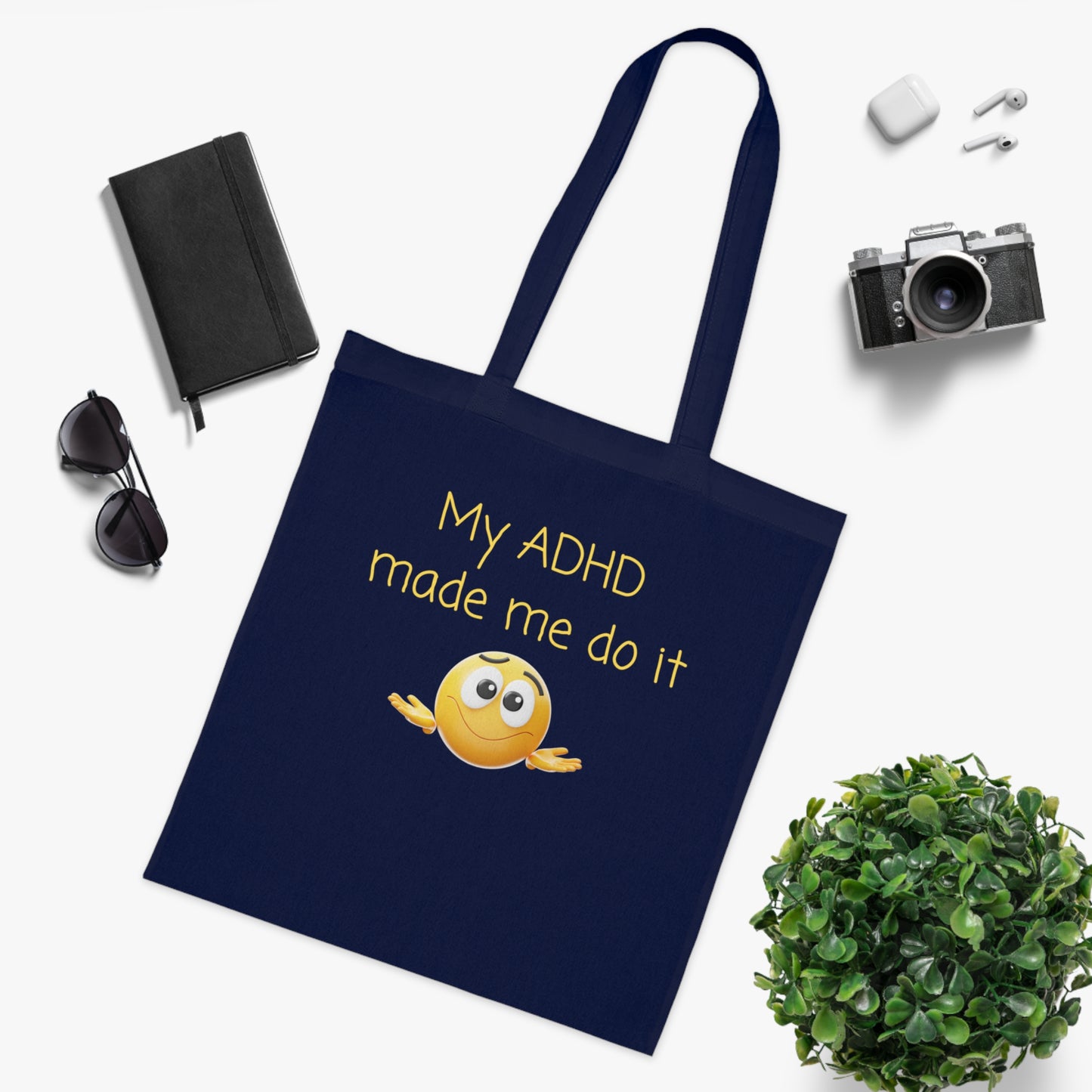 My ADHD Made Me Do It Cotton Tote Bag — Funny ADHD Awareness Emoji Tote