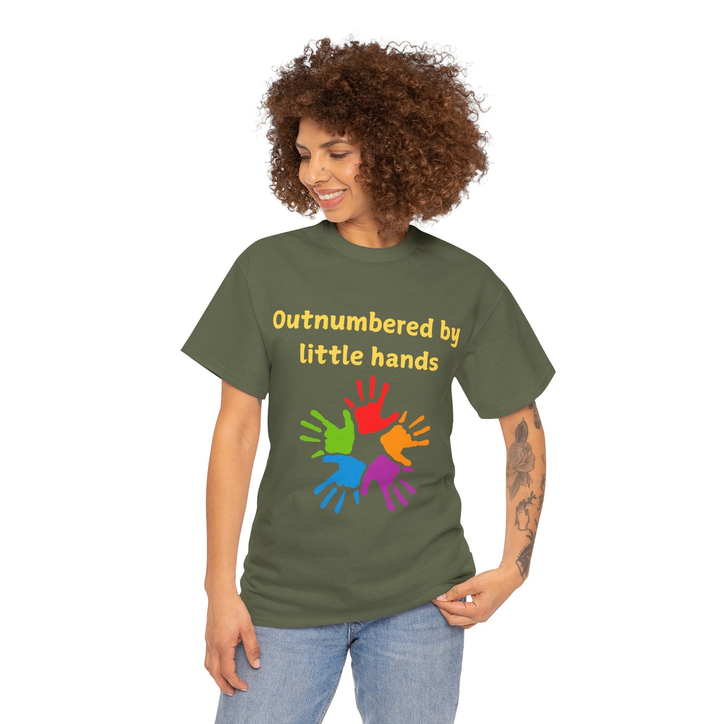 Outnumbered by Little Hands T-Shirt — Funny Parent Tee with Colorful Kids' Handprints