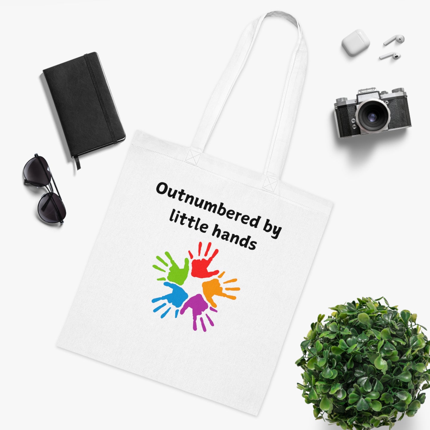 Tote Bag — "Outnumbered by Little Hands" Colorful Kids' Handprint Cotton Tote