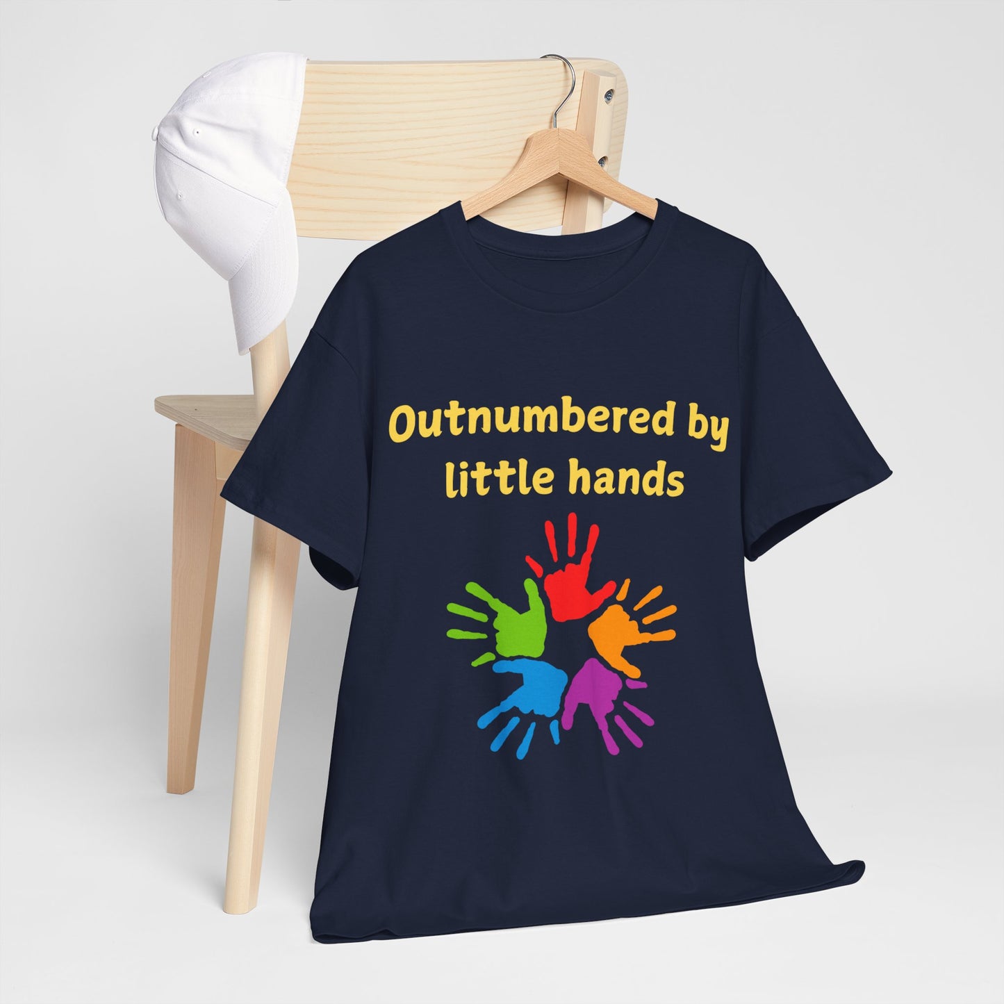 Outnumbered by Little Hands T-Shirt — Funny Parent Tee with Colorful Kids' Handprints