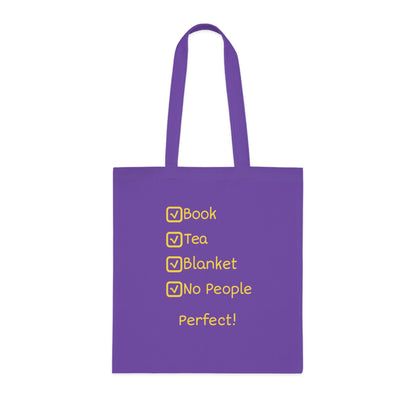 Tote Bag — "Book, Tea, Blanket, No People — Perfect!" Cozy Reading Tote