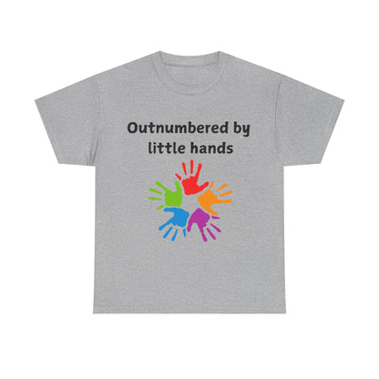 Outnumbered by Little Hands T-Shirt — Funny Parent Tee with Colorful Kids' Handprints