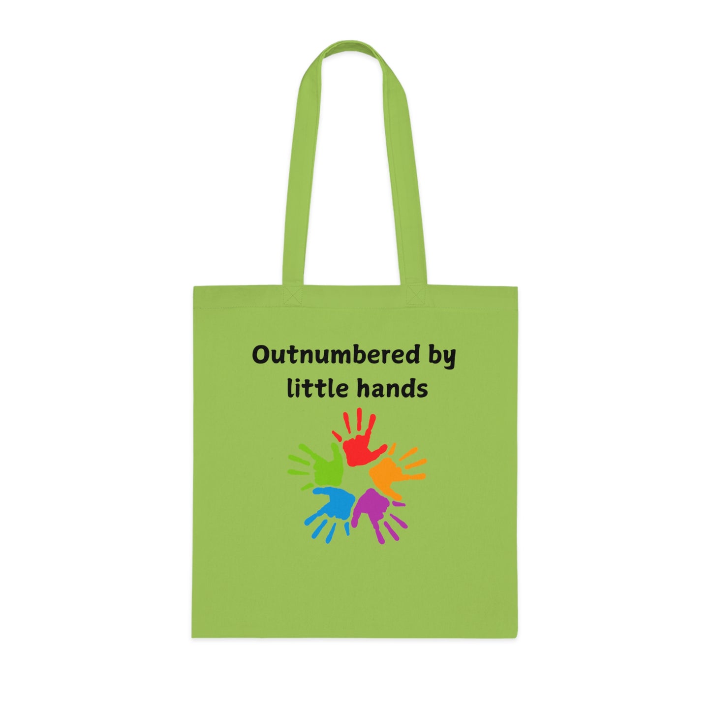 Tote Bag — "Outnumbered by Little Hands" Colorful Kids' Handprint Cotton Tote