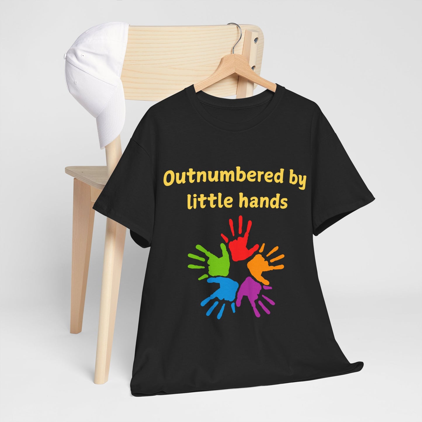 Outnumbered by Little Hands T-Shirt — Funny Parent Tee with Colorful Kids' Handprints