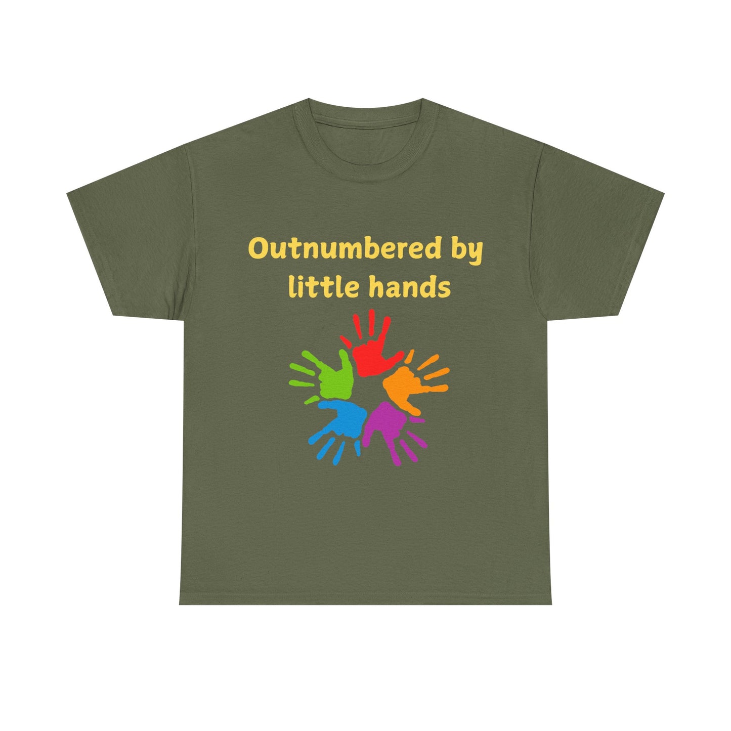 Outnumbered by Little Hands T-Shirt — Funny Parent Tee with Colorful Kids' Handprints