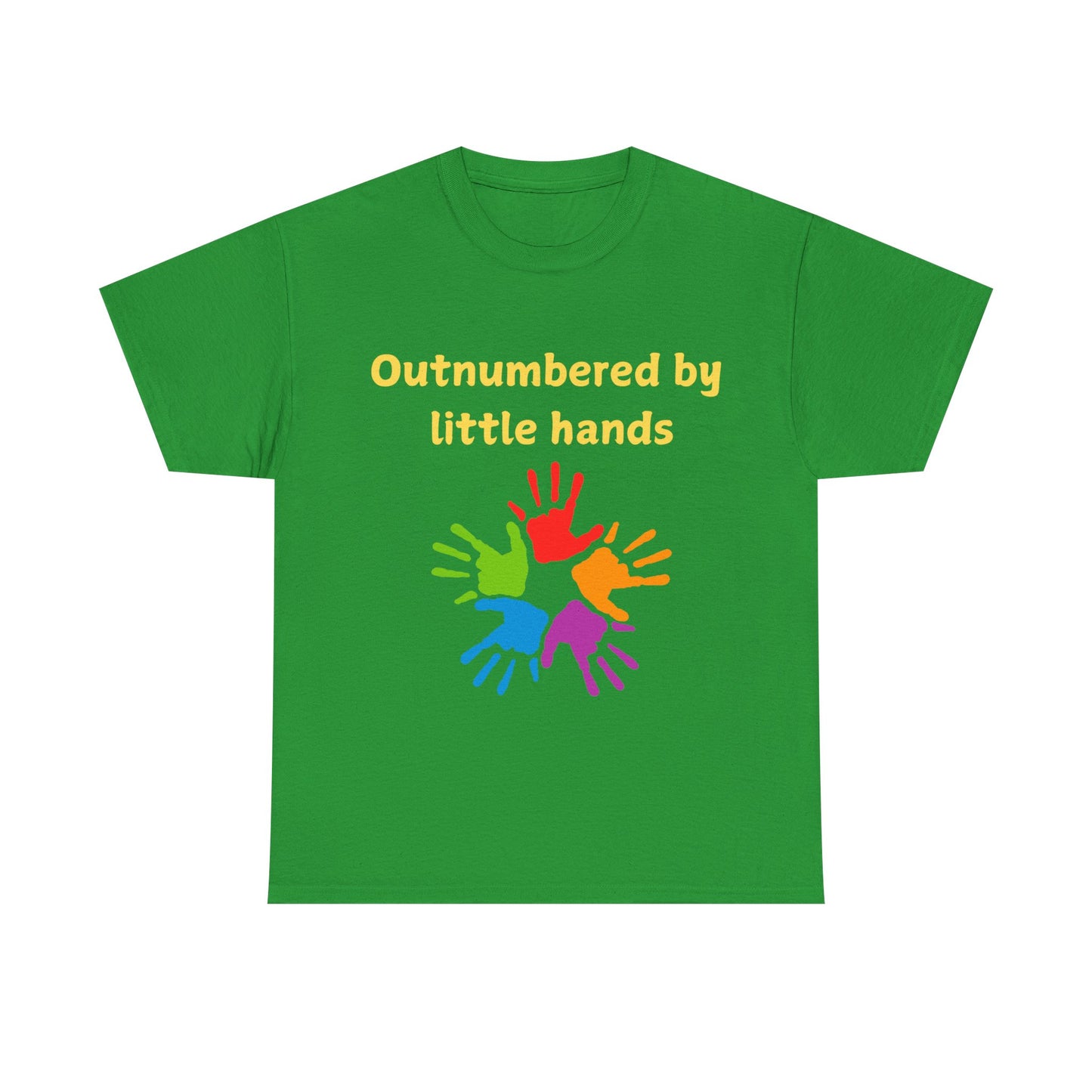 Outnumbered by Little Hands T-Shirt — Funny Parent Tee with Colorful Kids' Handprints