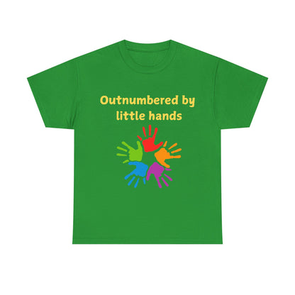 Outnumbered by Little Hands T-Shirt — Funny Parent Tee with Colorful Kids' Handprints