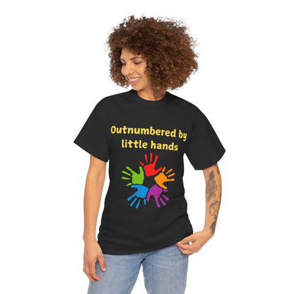 Outnumbered by Little Hands T-Shirt — Funny Parent Tee with Colorful Kids' Handprints