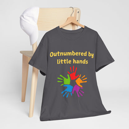 Outnumbered by Little Hands T-Shirt — Funny Parent Tee with Colorful Kids' Handprints