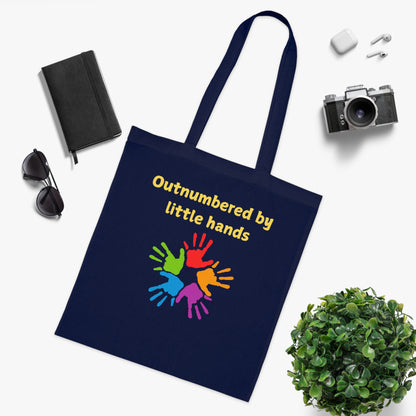 Tote Bag — "Outnumbered by Little Hands" Colorful Kids Handprints Cotton Tote