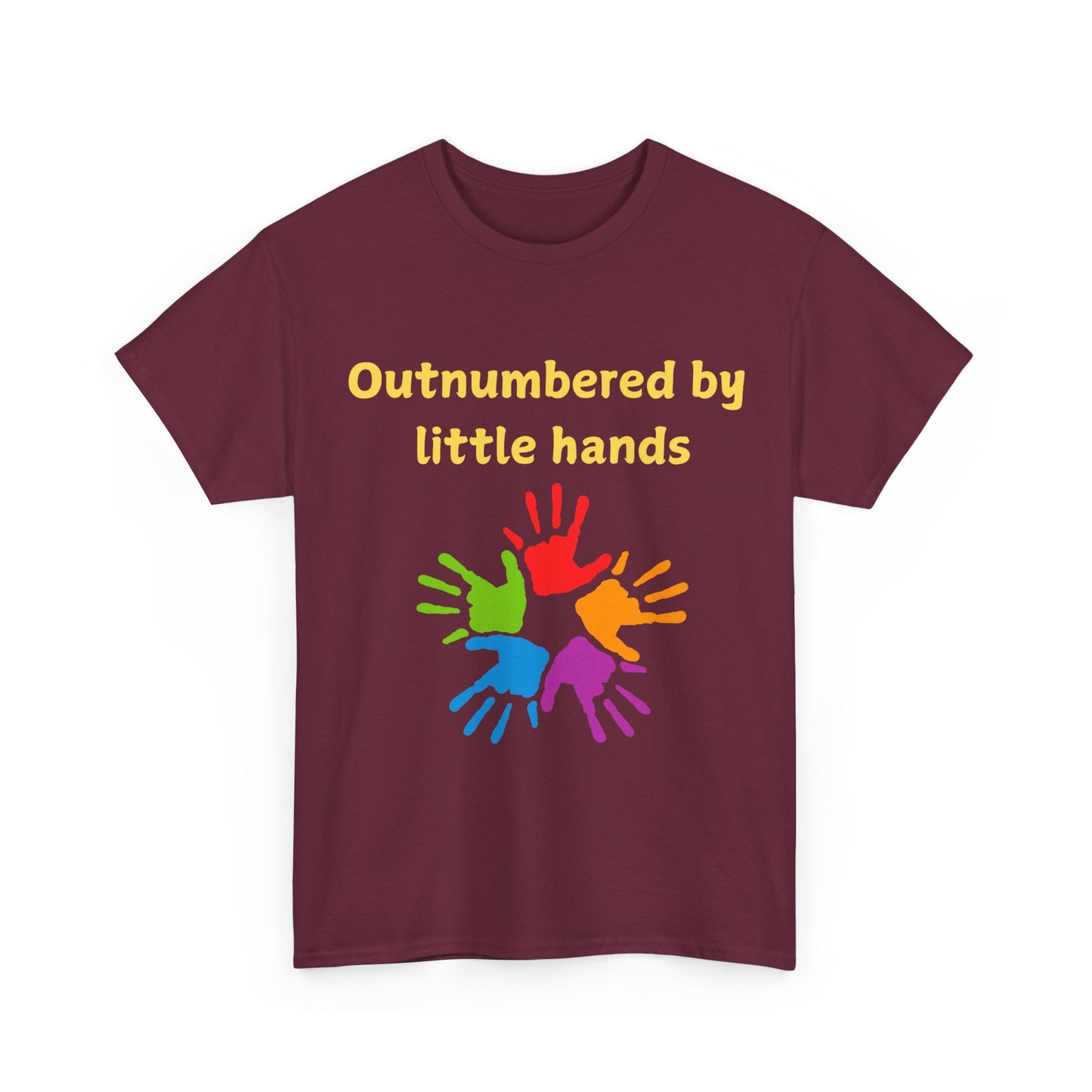 Outnumbered by Little Hands T-Shirt — Funny Parent Tee with Colorful Kids' Handprints