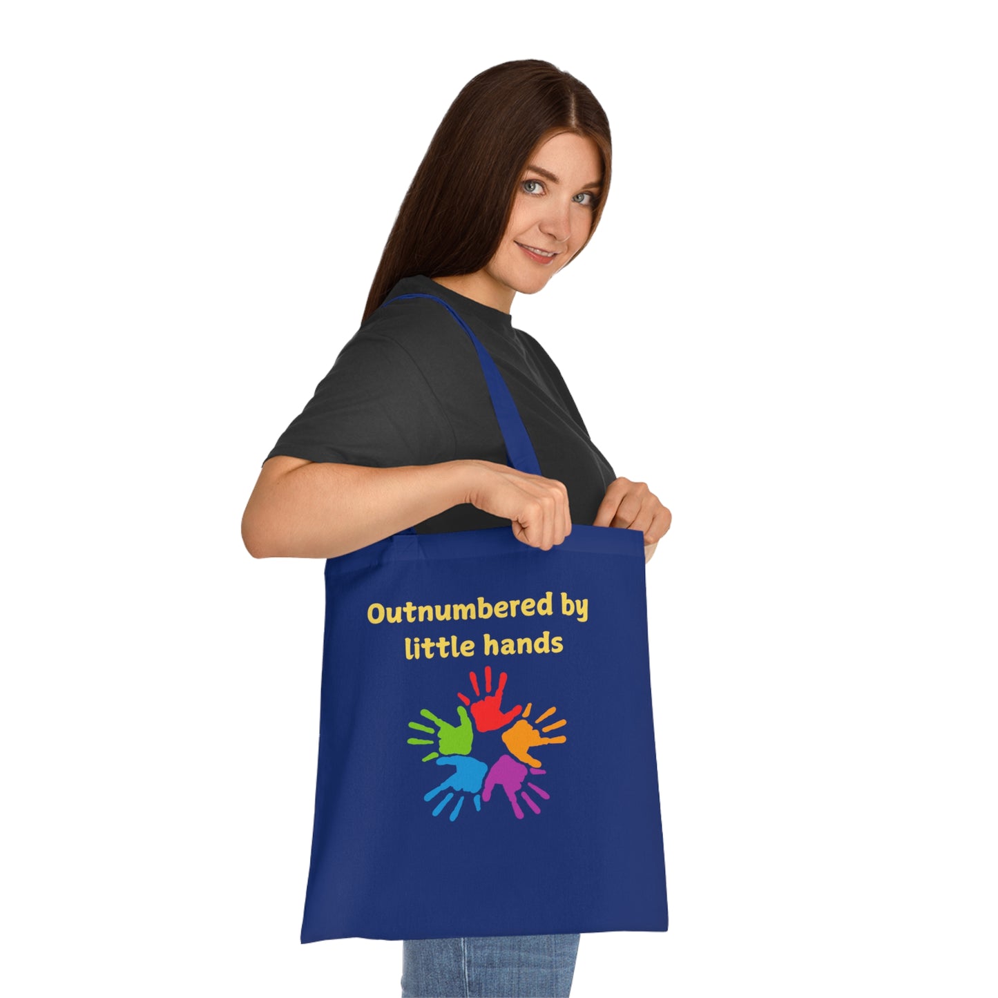 Tote Bag — "Outnumbered by Little Hands" Colorful Kids Handprints Cotton Tote