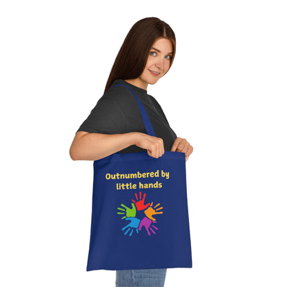 Tote Bag — "Outnumbered by Little Hands" Colorful Kids Handprints Cotton Tote
