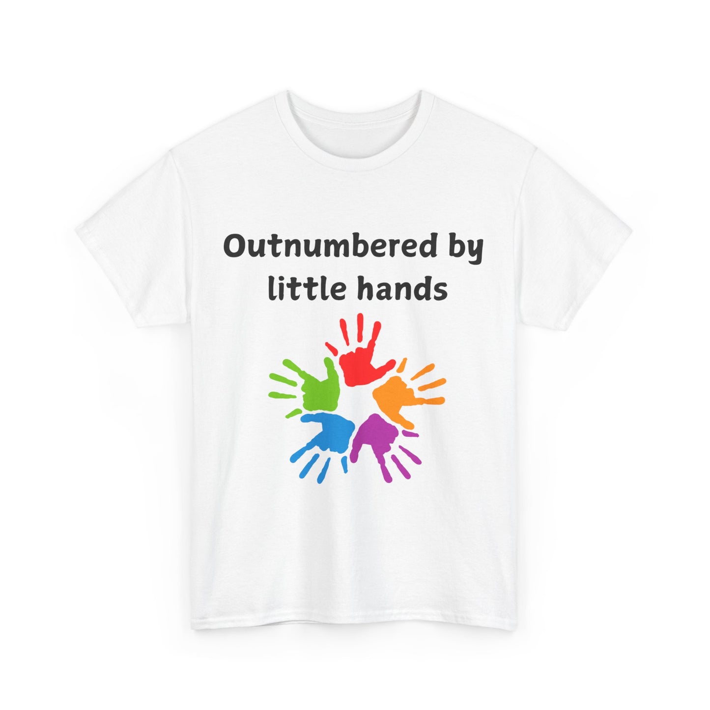 Outnumbered by Little Hands T-Shirt — Funny Parent Tee with Colorful Kids' Handprints