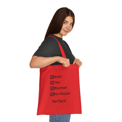 Tote Bag — "Book, Tea, Blanket, No People. Perfect!" Cozy Reader Checklist Tote