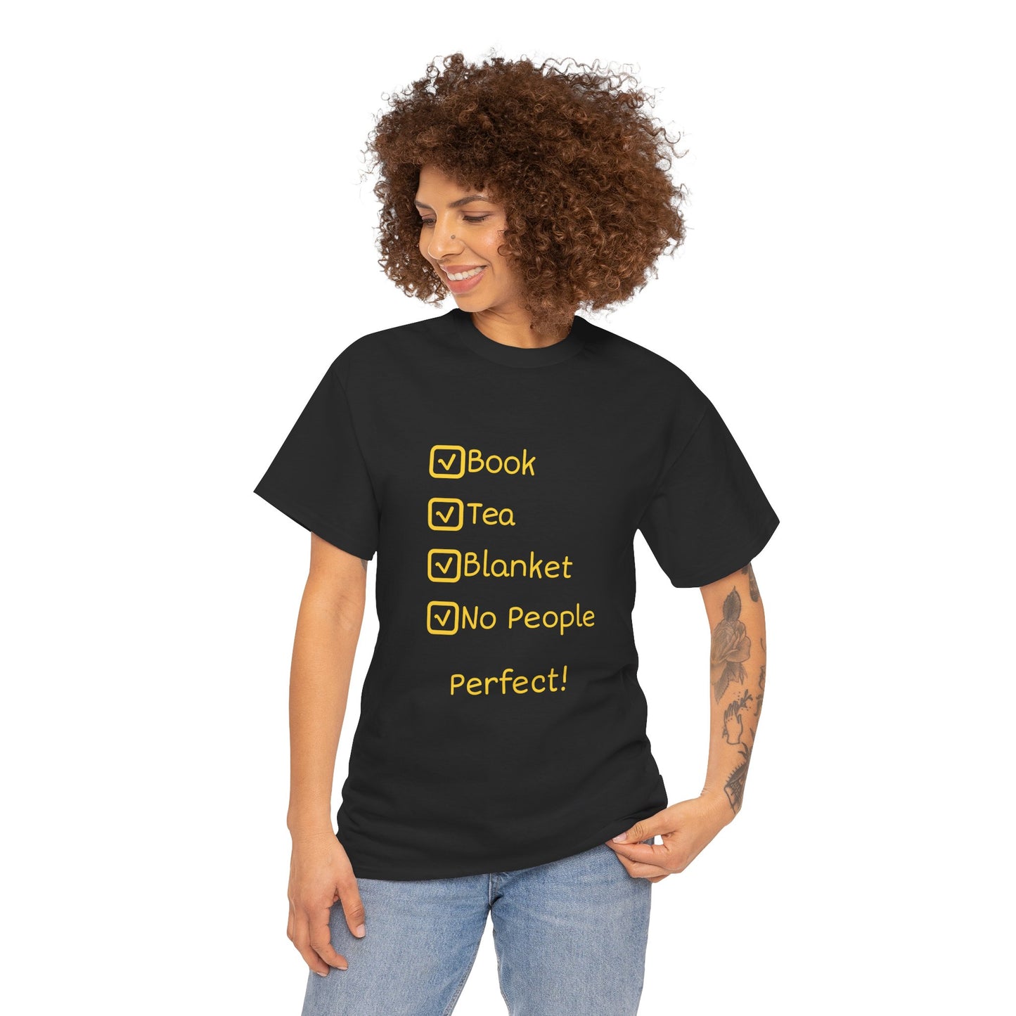 Cozy Reading Checklist Tee — "Book, Tea, Blanket, No People — Perfect!"
