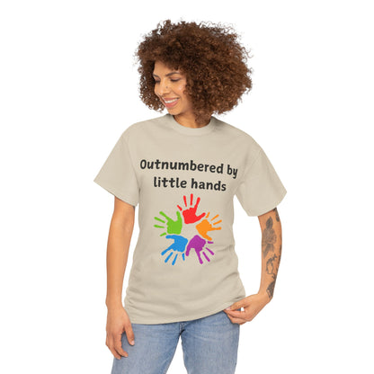 Outnumbered by Little Hands T-Shirt — Funny Parent Tee with Colorful Kids' Handprints