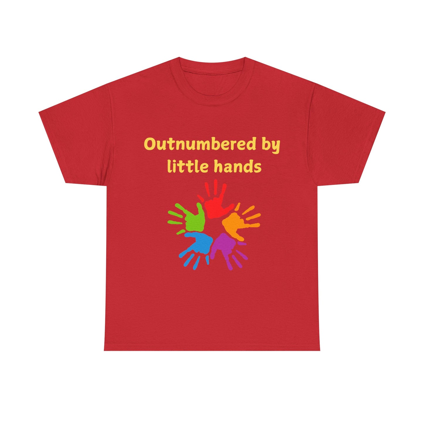 Outnumbered by Little Hands T-Shirt — Funny Parent Tee with Colorful Kids' Handprints