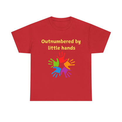 Outnumbered by Little Hands T-Shirt — Funny Parent Tee with Colorful Kids' Handprints