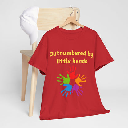 Outnumbered by Little Hands T-Shirt — Funny Parent Tee with Colorful Kids' Handprints