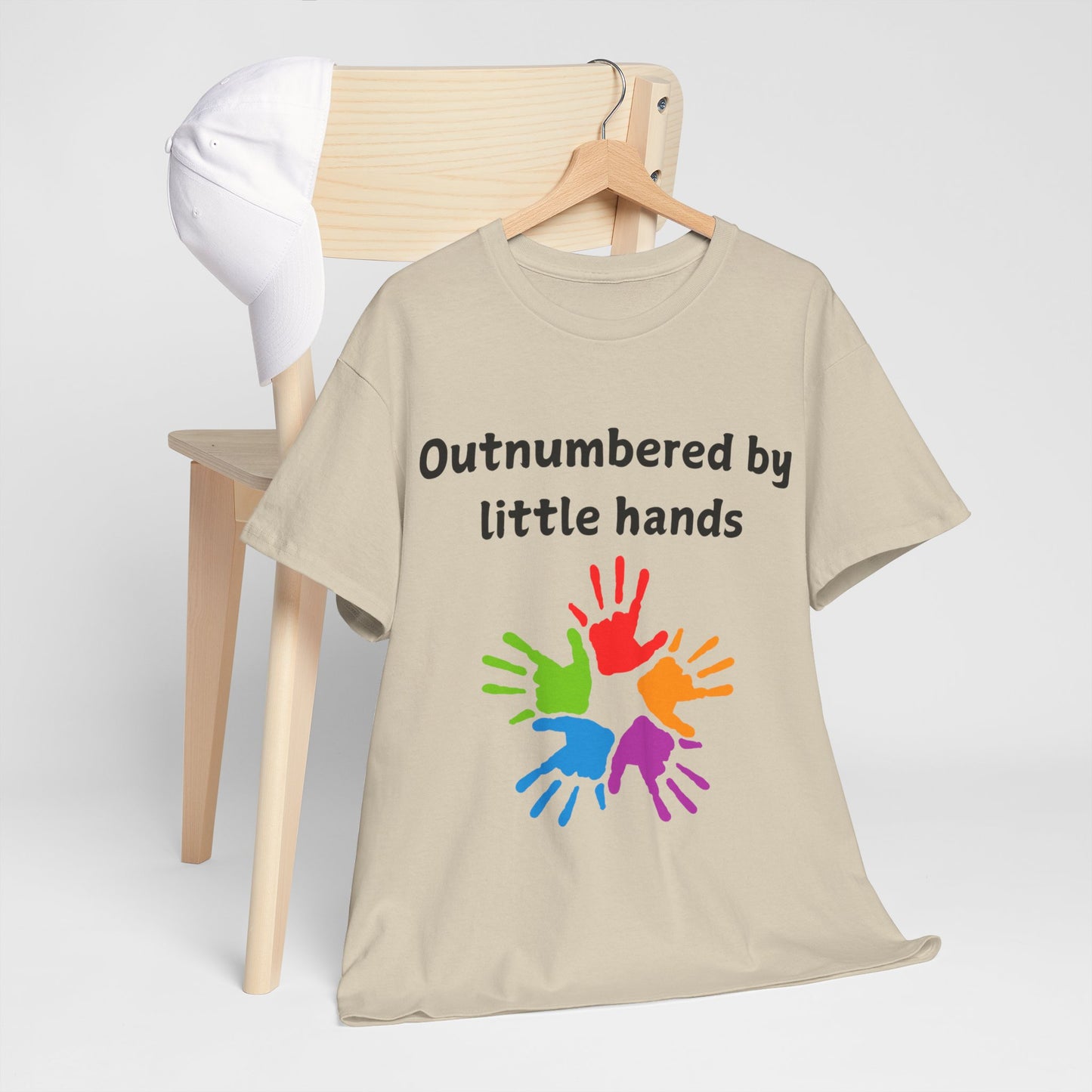 Outnumbered by Little Hands T-Shirt — Funny Parent Tee with Colorful Kids' Handprints