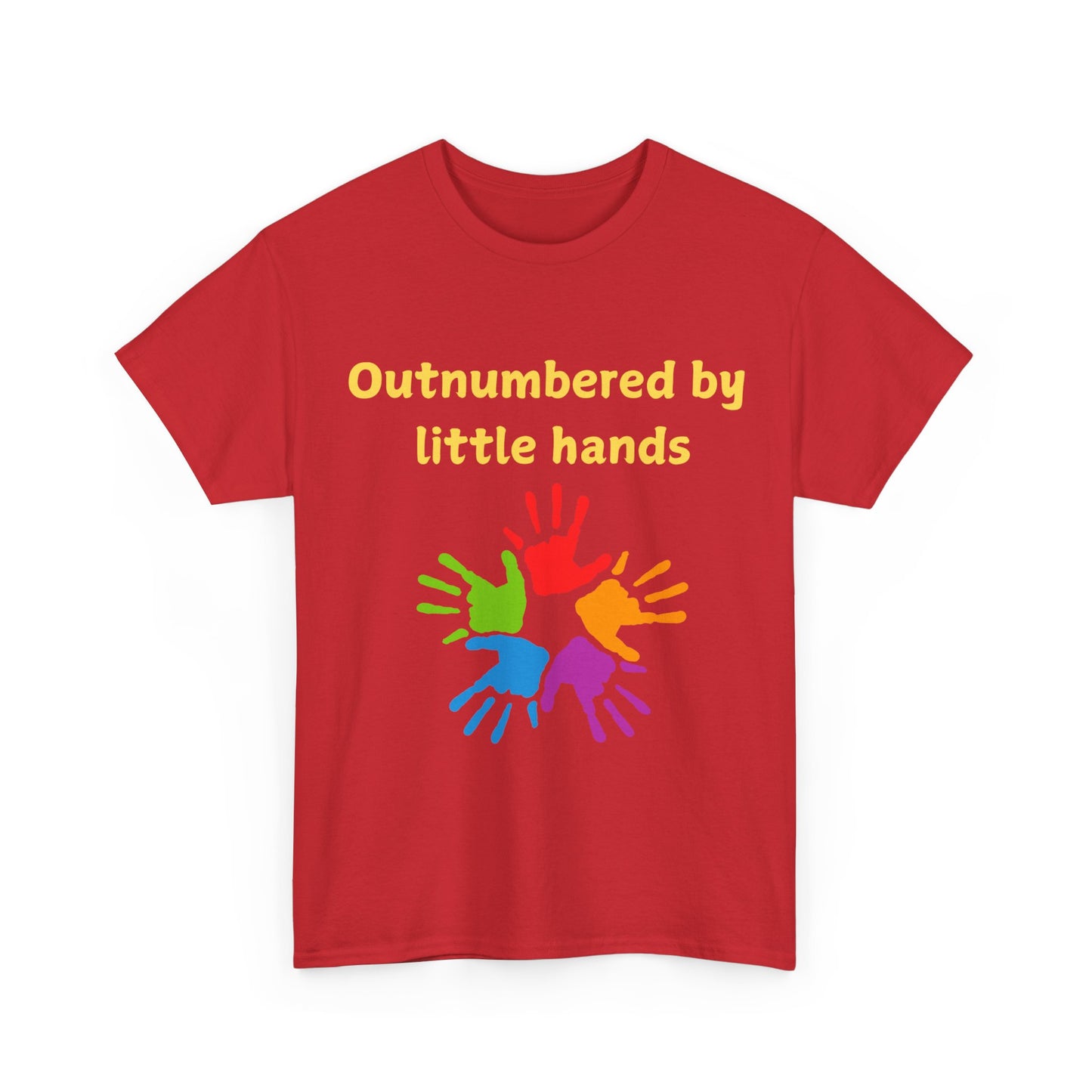Outnumbered by Little Hands T-Shirt — Funny Parent Tee with Colorful Kids' Handprints