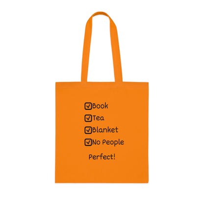 Tote Bag — "Book, Tea, Blanket, No People. Perfect!" Cozy Reader Checklist Tote