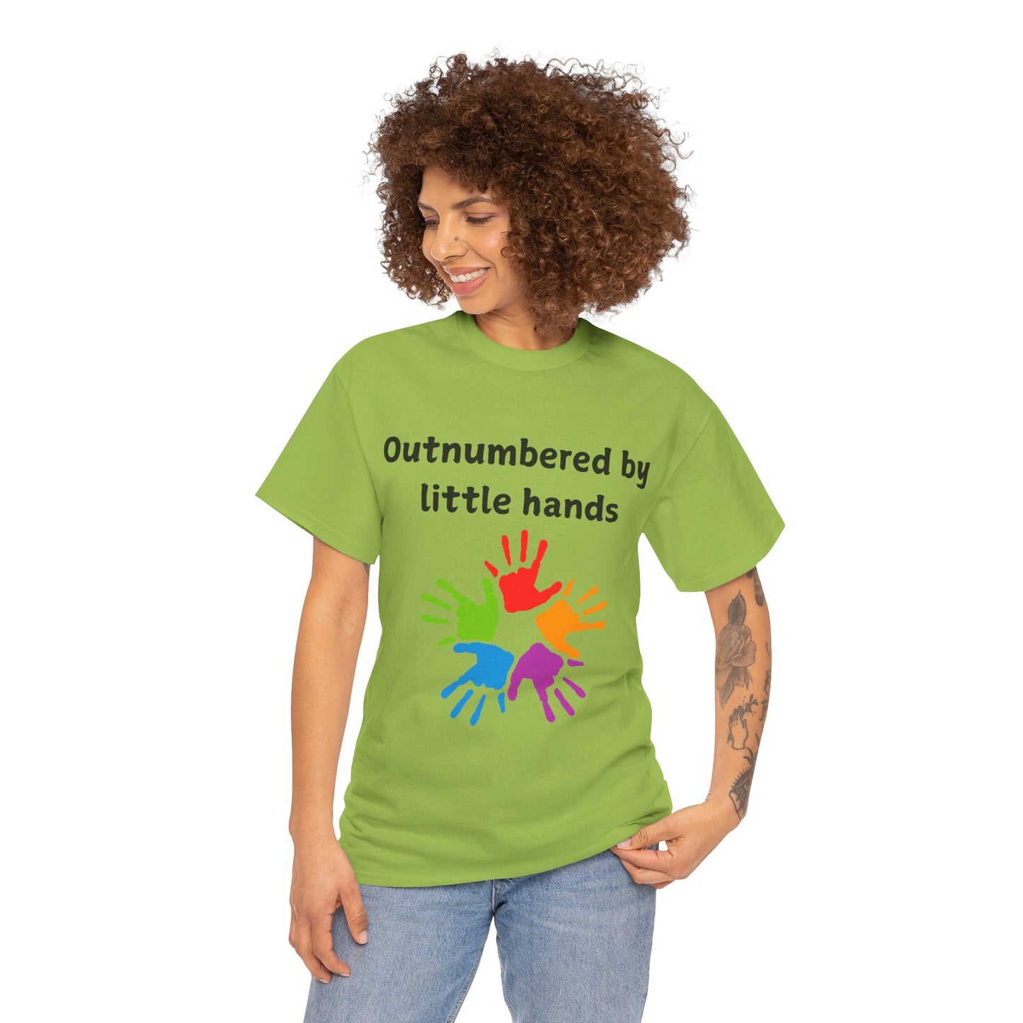 Outnumbered by Little Hands T-Shirt — Funny Parent Tee with Colorful Kids' Handprints
