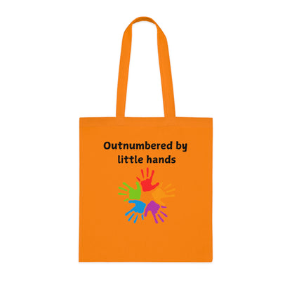 Tote Bag — "Outnumbered by Little Hands" Colorful Kids' Handprint Cotton Tote
