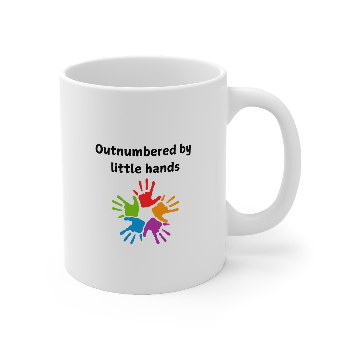 Ceramic Mug - "Outnumbered by Little Hands" Colorful Kids' Handprint Coffee Cup (11oz & 15oz)