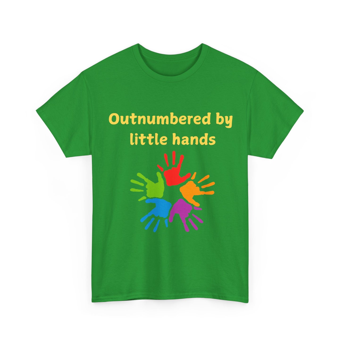 Outnumbered by Little Hands T-Shirt — Funny Parent Tee with Colorful Kids' Handprints