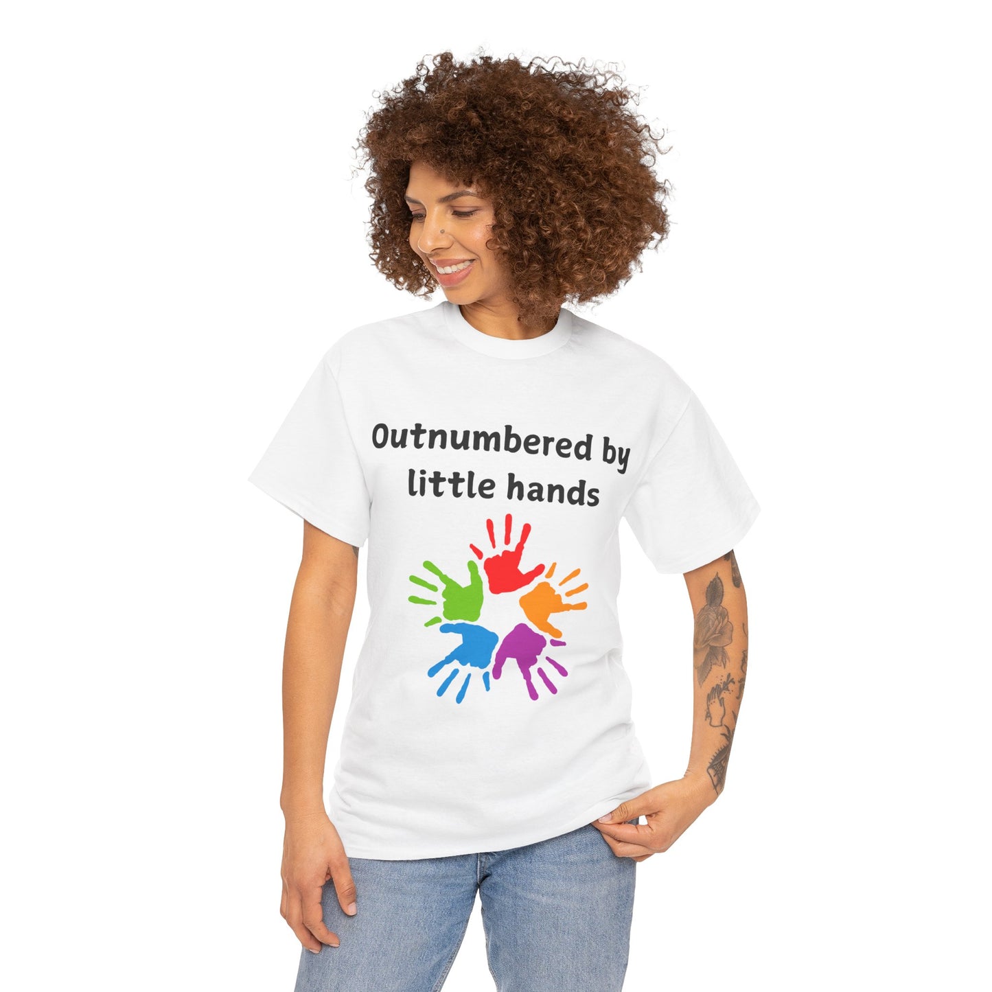Outnumbered by Little Hands T-Shirt — Funny Parent Tee with Colorful Kids' Handprints