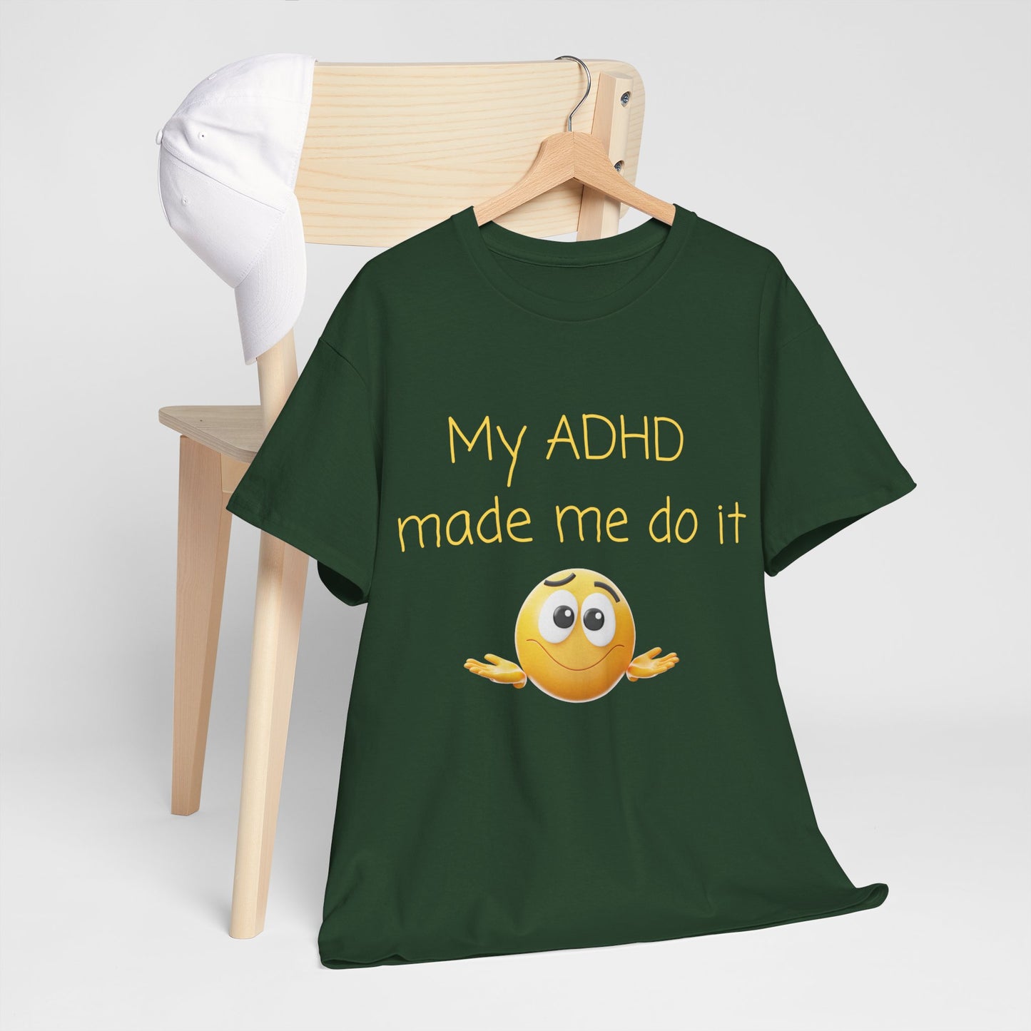 ADHD Made Me Do It T-Shirt — Funny ADHD Awareness Tee with Shrug Emoji