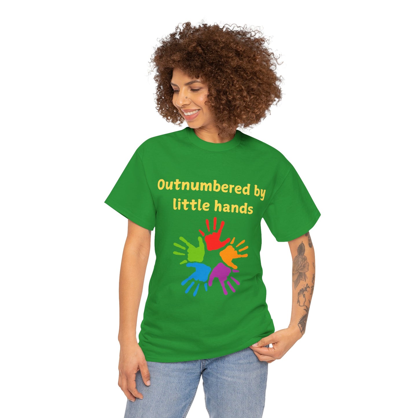 Outnumbered by Little Hands T-Shirt — Funny Parent Tee with Colorful Kids' Handprints