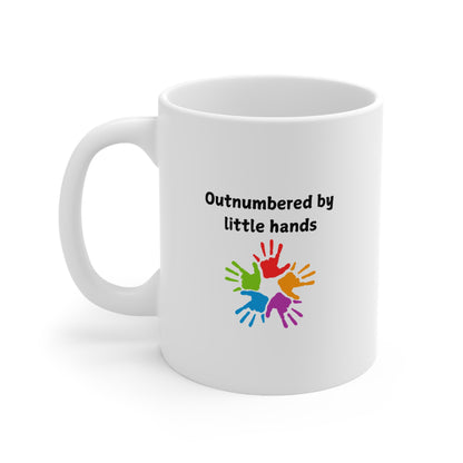 Ceramic Mug - "Outnumbered by Little Hands" Colorful Kids' Handprint Coffee Cup (11oz & 15oz)