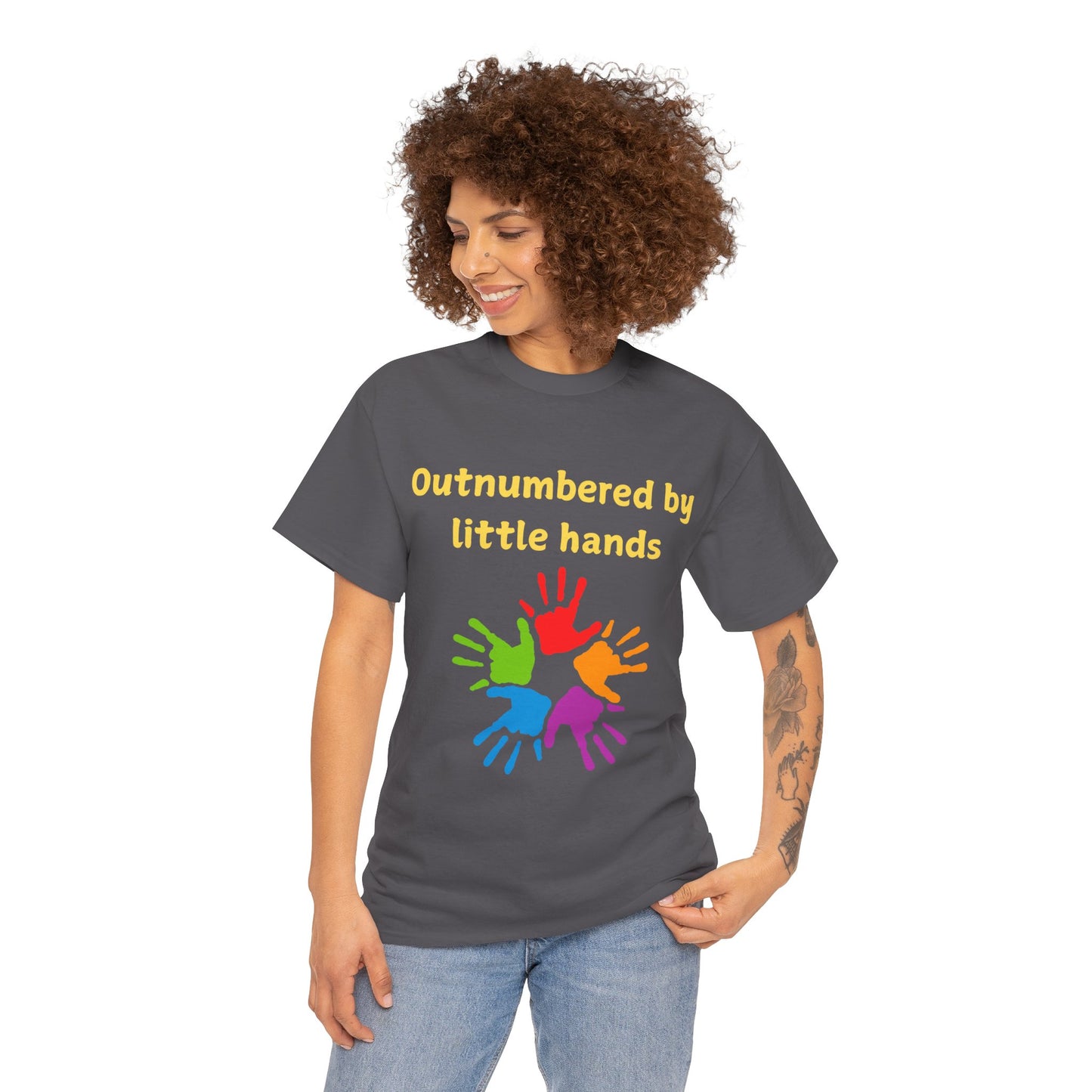 Outnumbered by Little Hands T-Shirt — Funny Parent Tee with Colorful Kids' Handprints