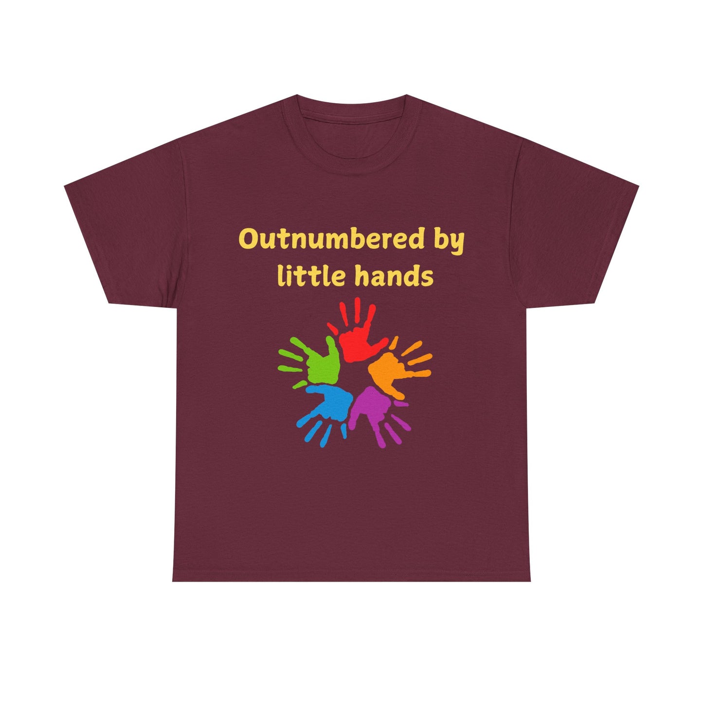Outnumbered by Little Hands T-Shirt — Funny Parent Tee with Colorful Kids' Handprints
