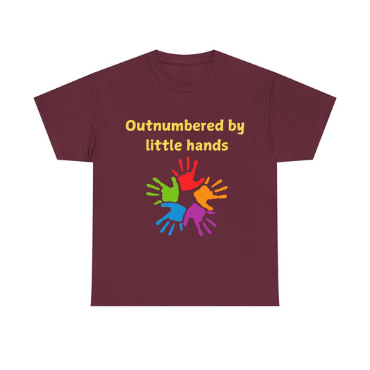 Outnumbered by Little Hands T-Shirt — Funny Parent Tee with Colorful Kids' Handprints