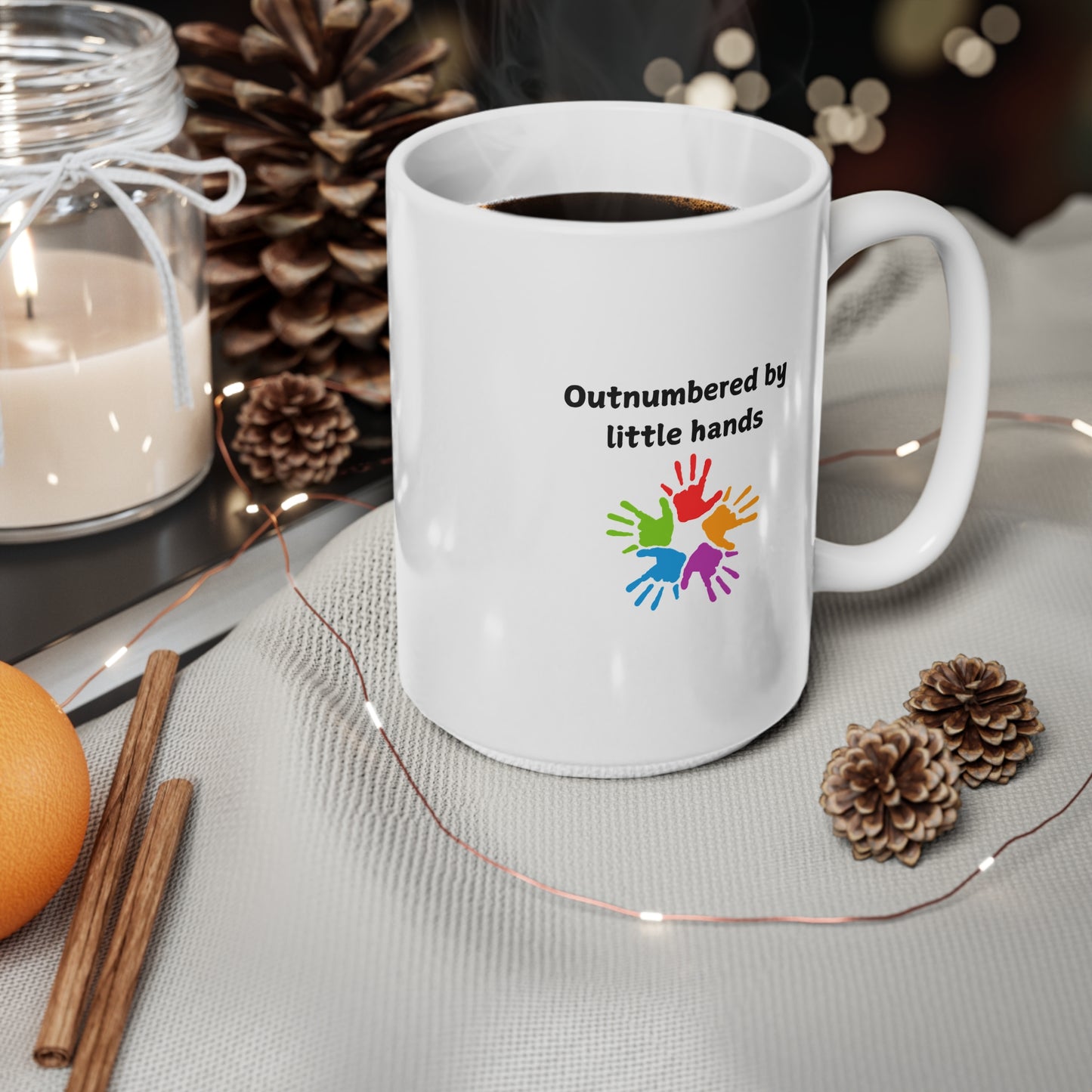 Ceramic Mug - "Outnumbered by Little Hands" Colorful Kids' Handprint Coffee Cup (11oz & 15oz)