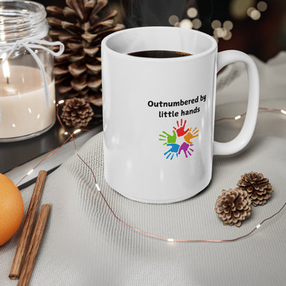 Ceramic Mug - "Outnumbered by Little Hands" Colorful Kids' Handprint Coffee Cup (11oz & 15oz)