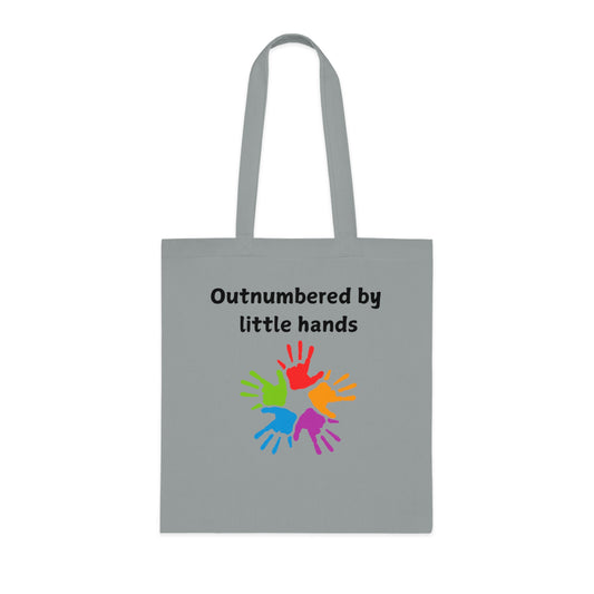 Tote Bag — "Outnumbered by Little Hands" Colorful Kids' Handprint Cotton Tote