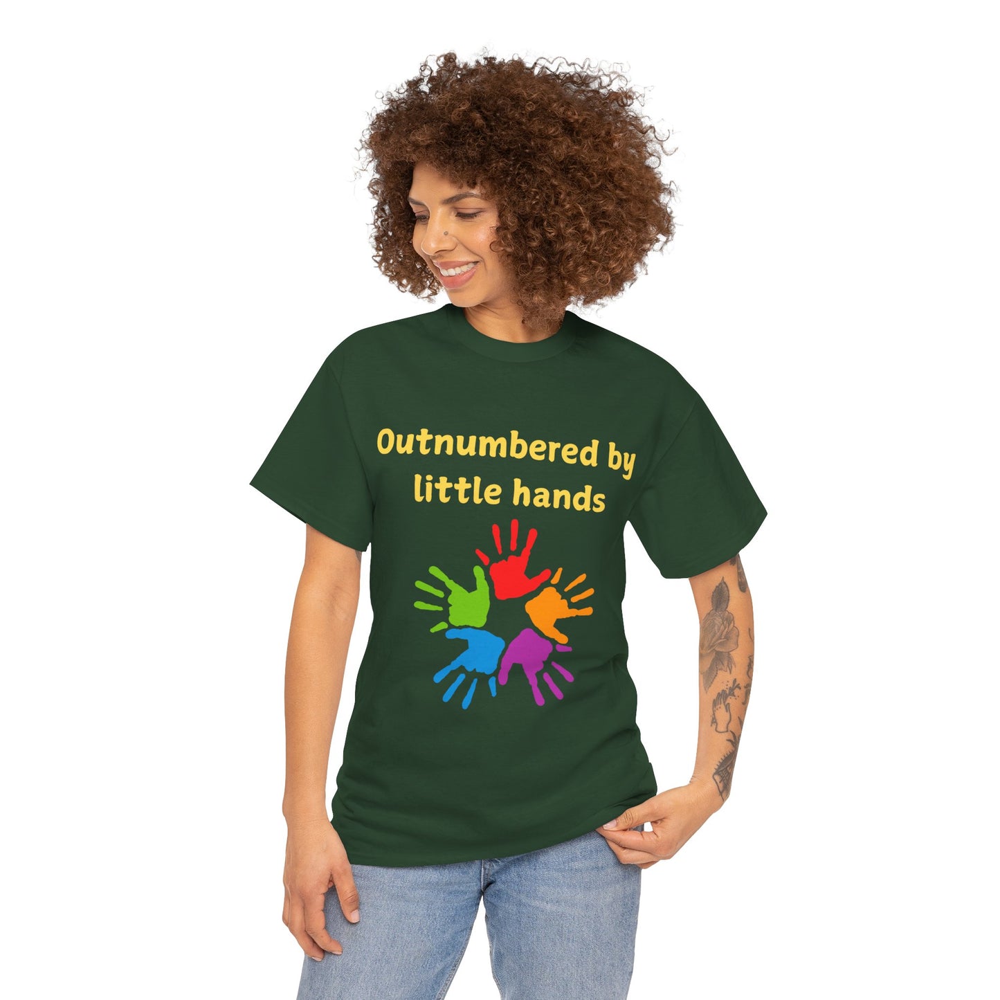 Outnumbered by Little Hands T-Shirt — Funny Parent Tee with Colorful Kids' Handprints