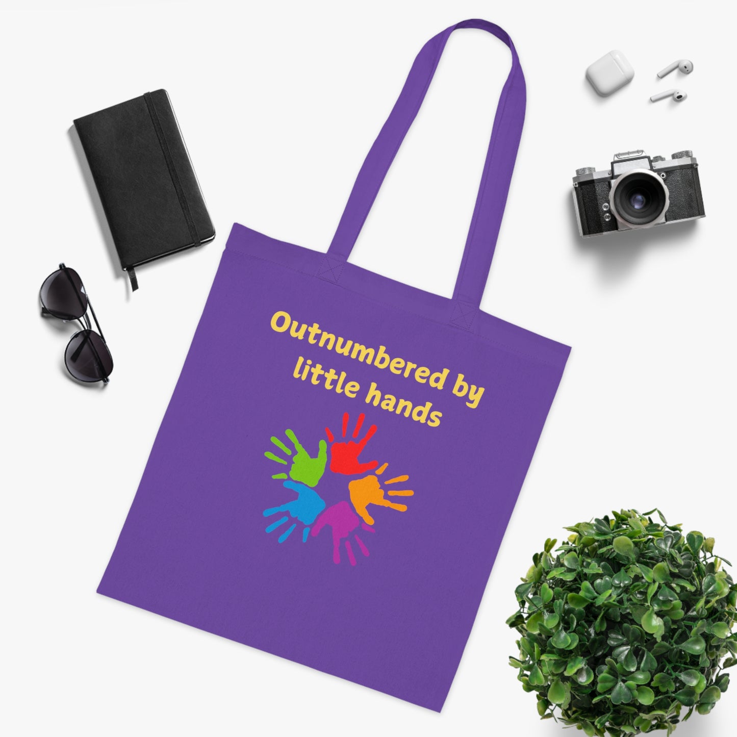 Tote Bag — "Outnumbered by Little Hands" Colorful Kids Handprints Cotton Tote