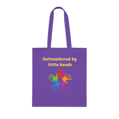 Tote Bag — "Outnumbered by Little Hands" Colorful Kids Handprints Cotton Tote