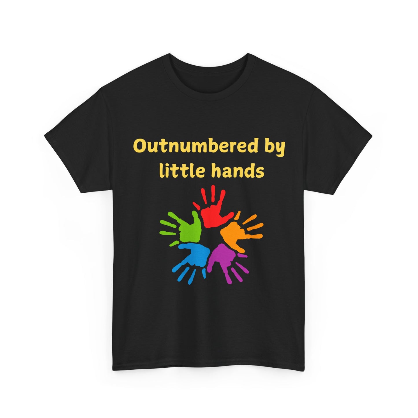 Outnumbered by Little Hands T-Shirt — Funny Parent Tee with Colorful Kids' Handprints