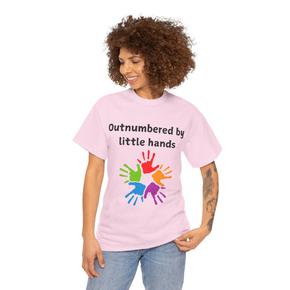 Outnumbered by Little Hands T-Shirt — Funny Parent Tee with Colorful Kids' Handprints