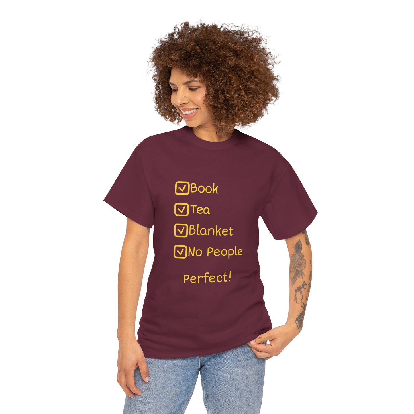 Cozy Reading Checklist Tee — "Book, Tea, Blanket, No People — Perfect!"