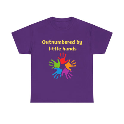 Outnumbered by Little Hands T-Shirt — Funny Parent Tee with Colorful Kids' Handprints
